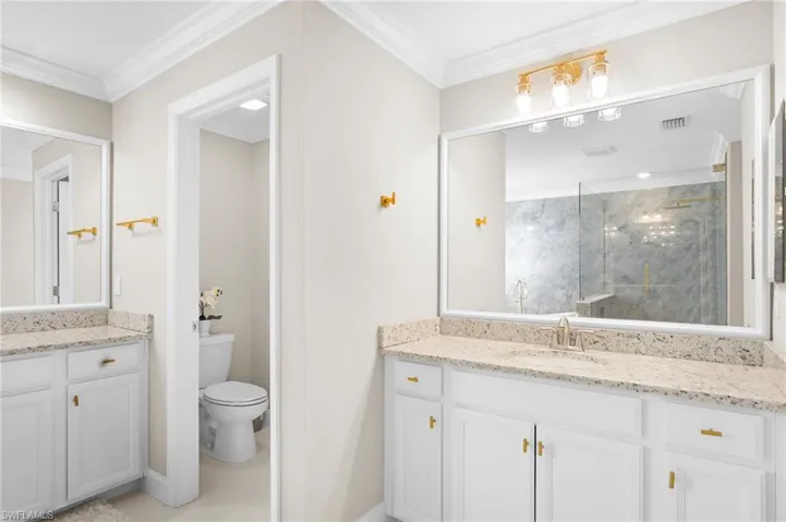 Bathroom with crown molding, vanity, toilet, and walk in shower