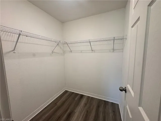Walk in closet with dark wood-style floors