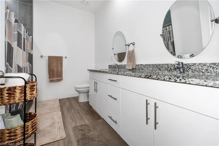 Full bathroom with double vanity, dark wood-type flooring, and curtained shower