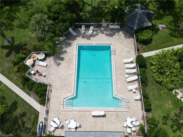 View from above of property with a pool area