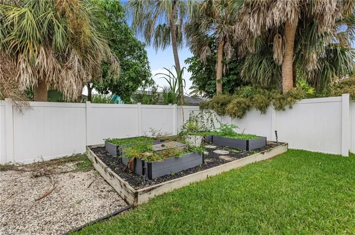 Fenced backyard with raised garden beds