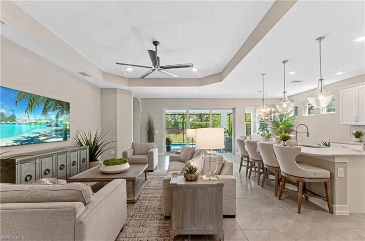 Open living room with tray ceilings!