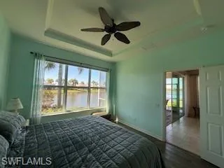 Bedroom with a tray ceiling, dark wood finished floors, multiple windows, and baseboards