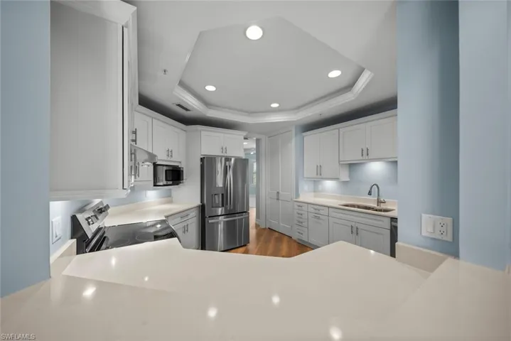 Kitchen with white cabinetry, stainless steel appliances, sink, and a raised ceiling