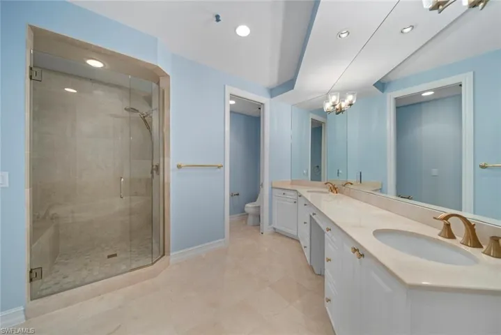 Bathroom with vanity, toilet, a notable chandelier, and a shower with shower door