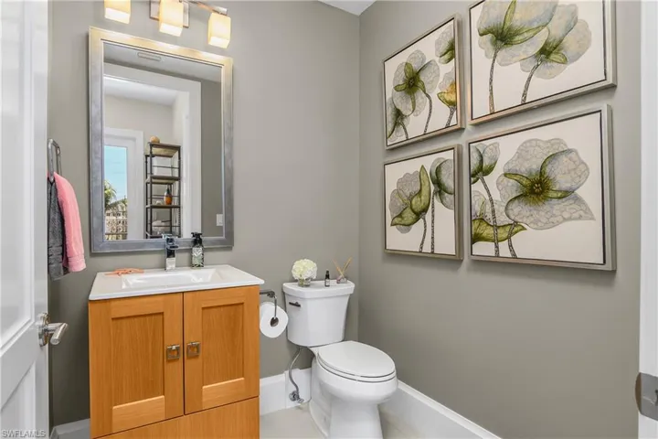 Half bath featuring toilet and vanity