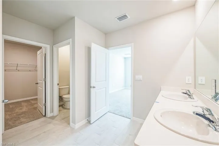 Full bath with a walk in closet, double vanity, and light carpet