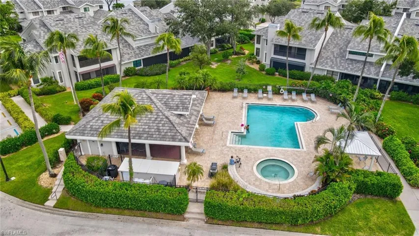 Aerial view of communky pool and hot tub