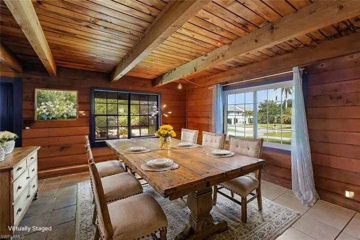 DIGITAL STAGING: Dining room with beamed ceiling, wooden walls, a wealth of natural light, and wooden ceiling