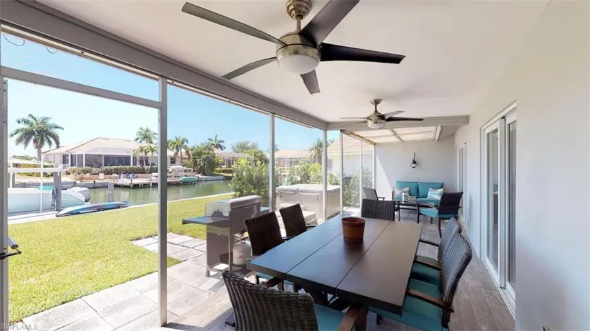 Sunroom featuring a water view and ceiling fans!