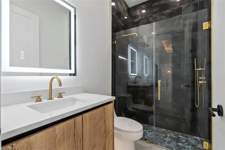 Full bathroom with toilet, vanity, and a shower stall