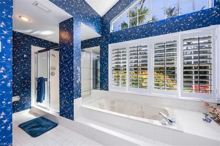 Bathroom featuring tile patterned flooring, separate shower and tub, and plenty of natural light