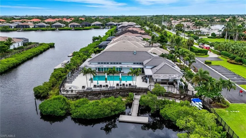 Aerial view of the clubhouse, pool, kayak's and dock