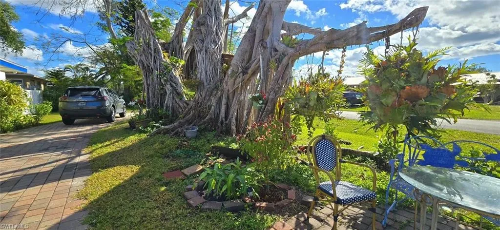 View of yard with decorative driveway