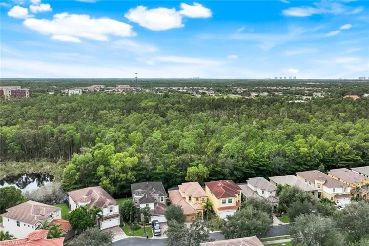 Aerial perspective of suburban area featuring a nearby body of water