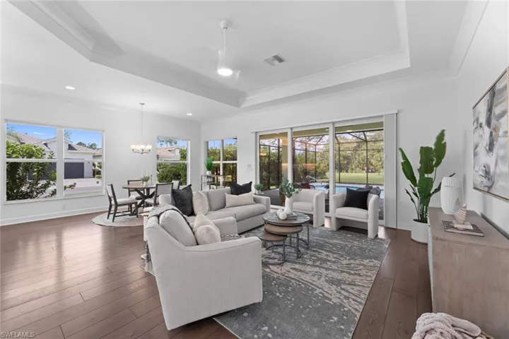 Living room featuring dark hardwood / wood-style flooring, a wealth of natural light, and a tray ceiling