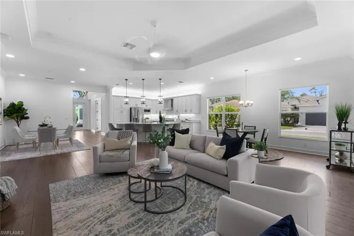 Living room featuring wood flooring, a raised ceiling, and a healthy amount of sunlight