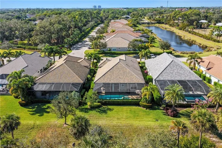 Aerial perspective of suburban area featuring a nearby body of water