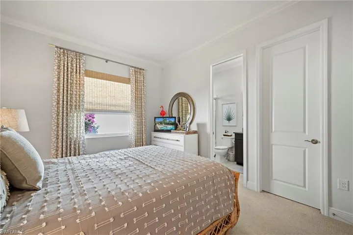 Bedroom featuring ornamental molding, light colored carpet, and connected bathroom
