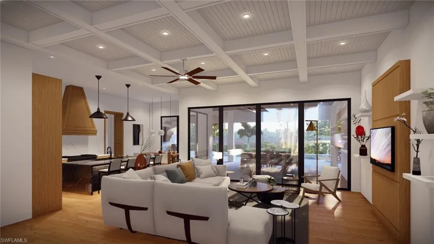 Living area featuring beam ceiling, light wood-style floors, a ceiling fan, coffered ceiling, and recessed lighting