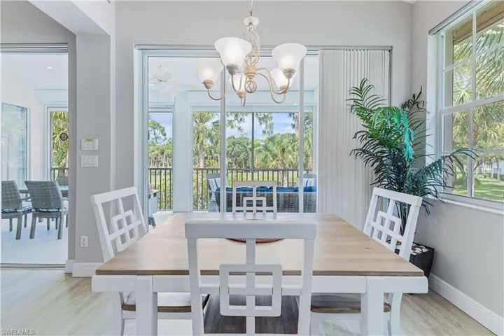 Dining area featuring plenty of natural light, light hardwood / wood-style floors, and a chandelier