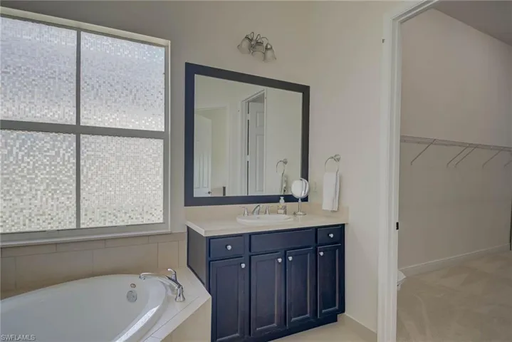 Bathroom featuring vanity, a bath, and a spacious closet