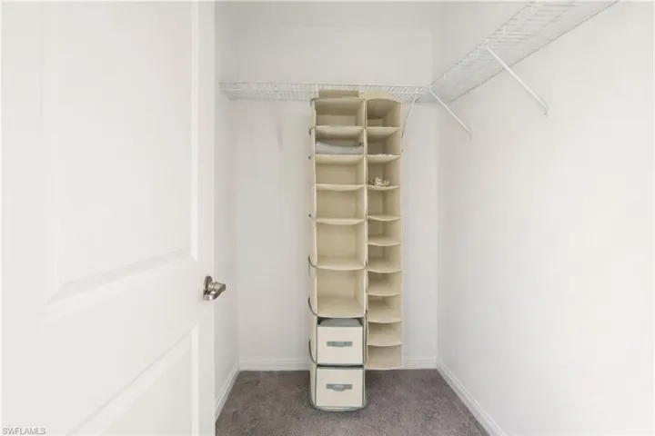 Walk in closet featuring dark colored carpet