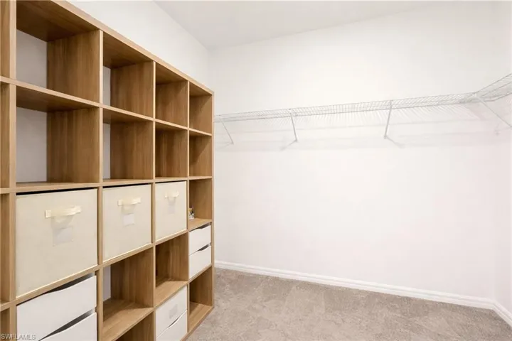 Walk in closet featuring light colored carpet