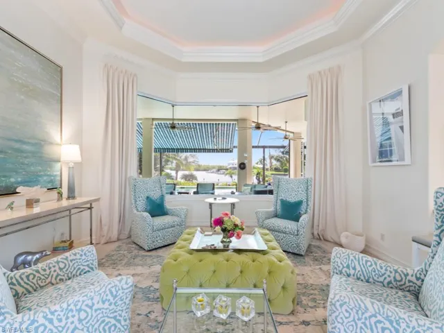 Living room featuring ornamental molding and a tray ceiling