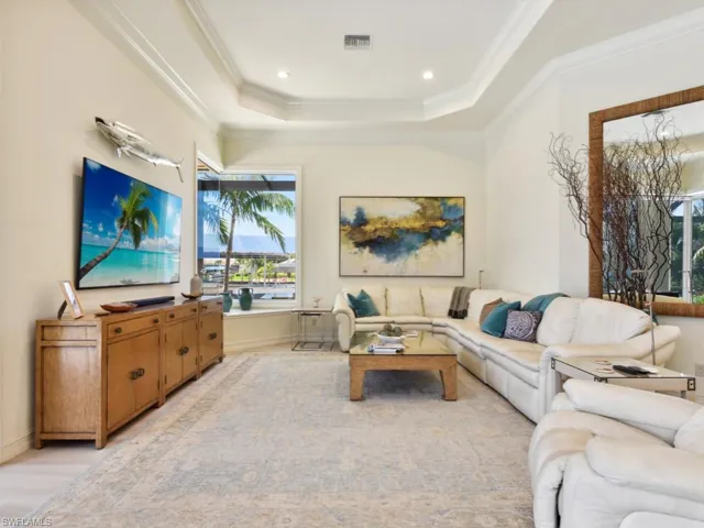 Living room featuring crown molding, a raised ceiling, and light hardwood / wood-style floors