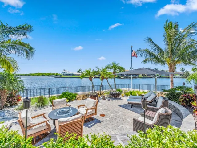 View of patio featuring an outdoor living space with a fire pit and a water view