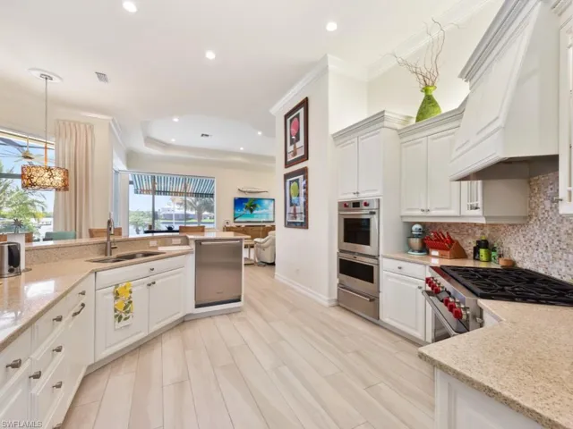 Kitchen featuring premium range hood, tasteful backsplash, stainless steel appliances, sink, and a raised ceiling