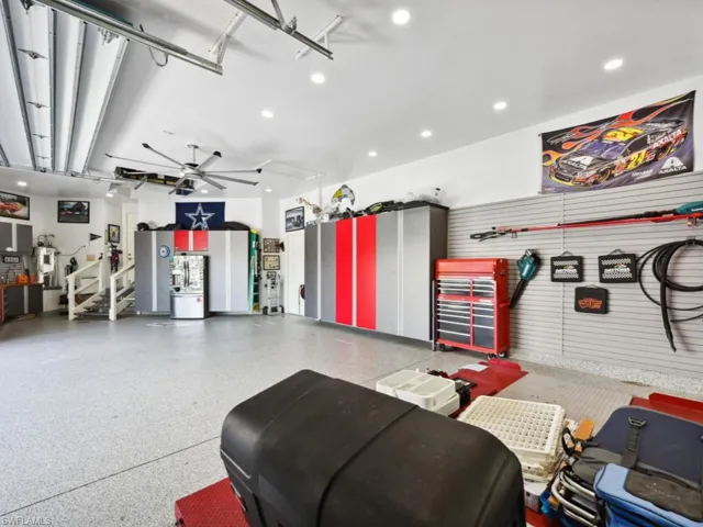 Garage with ceiling fan