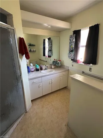 Bathroom with vanity and a stall shower