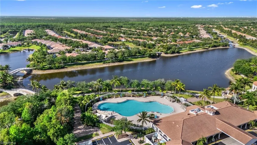 Bird's eye view showing the community pool featuring a residential view and water view.