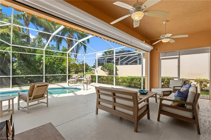 Lanai with an outdoor pool, an outdoor living space, custom awnings and ceiling fans.