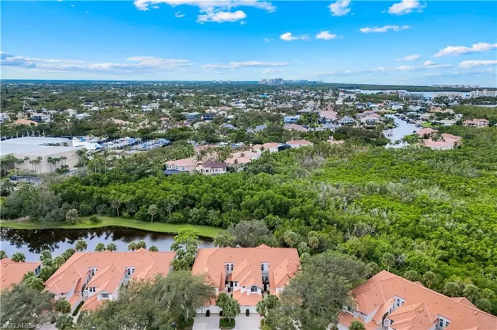 Bird's eye view of a nearby body of water and a tree filled landscape
