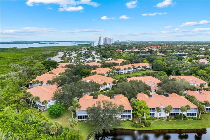 Aerial view of a nearby body of water