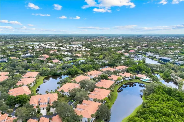 Aerial perspective of suburban area featuring a large body of water