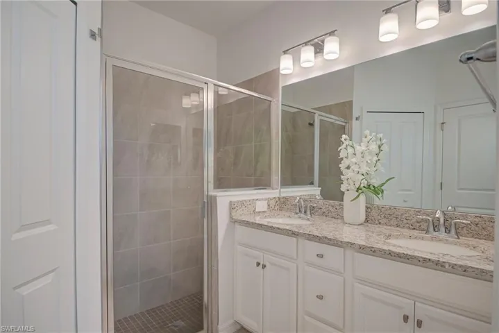 Full bath featuring a stall shower and double vanity