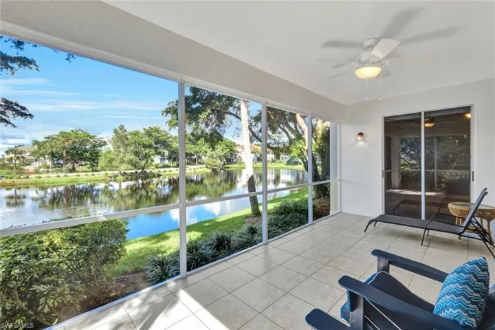 Screened Lanai facing NE with a water view and ceiling fan