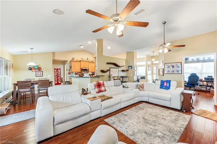 Living room featuring a healthy amount of sunlight, dark wood-type flooring, and vaulted ceiling