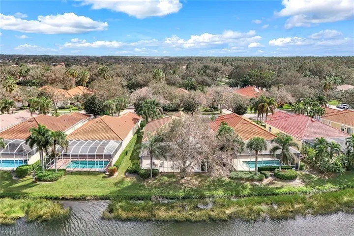 Birds eye view of property with a water view