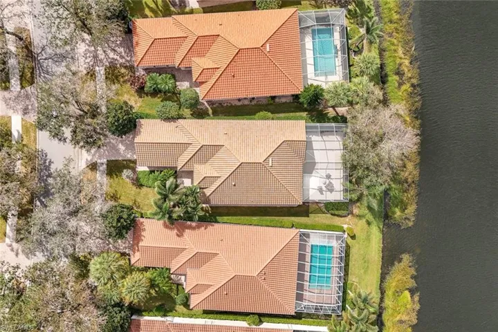 Birds eye view of property with a water view