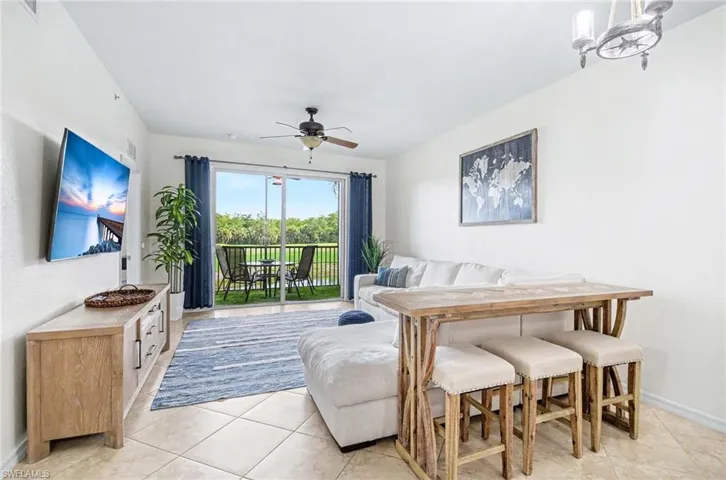 Oversized diagonally-laid tile flooring, ceiling fan, inviting screened lanai overlooking lake, golf course and preserve views.
