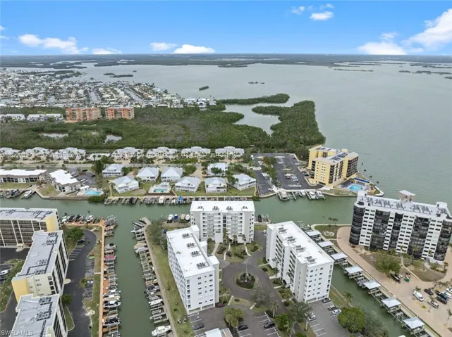 Aerial view featuring a water view