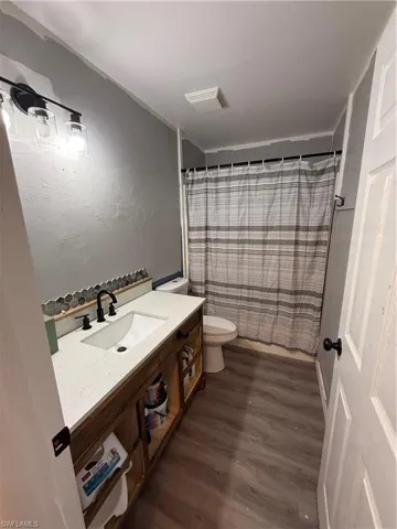Bathroom featuring vanity, a shower with curtain, and dark wood-style floors