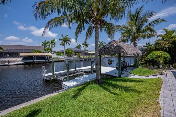 boat dock and lift and tiki hut area