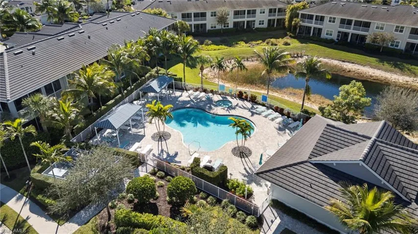 Aerial view of a large body of water and a pool