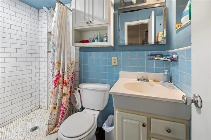 Bathroom featuring tile walls, a shower with curtain, tasteful backsplash, toilet, and large vanity